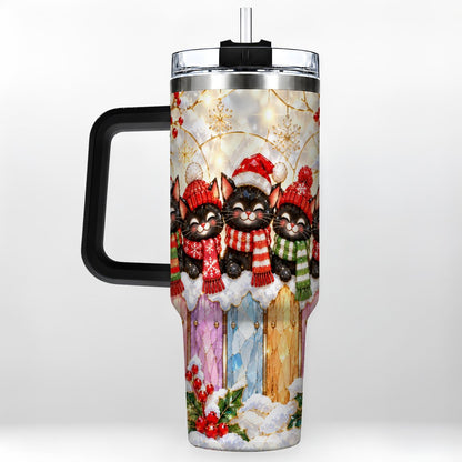 #pl[40oz|Black] Christmas Black Cats 40oz Tumbler with Handle, Festive Winter Kittens