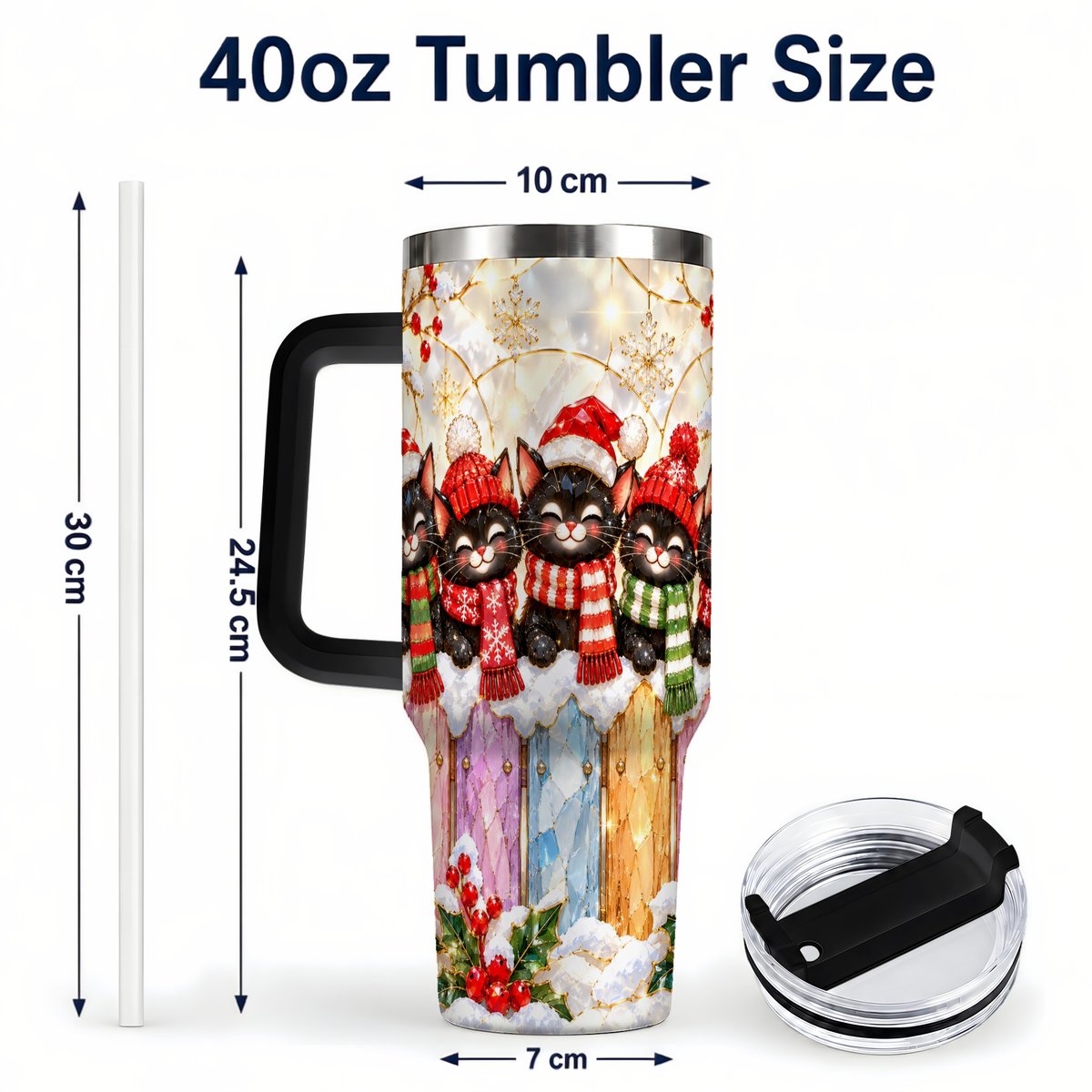 #pl[40oz|Black] Christmas Black Cats 40oz Tumbler with Handle, Festive Winter Kittens