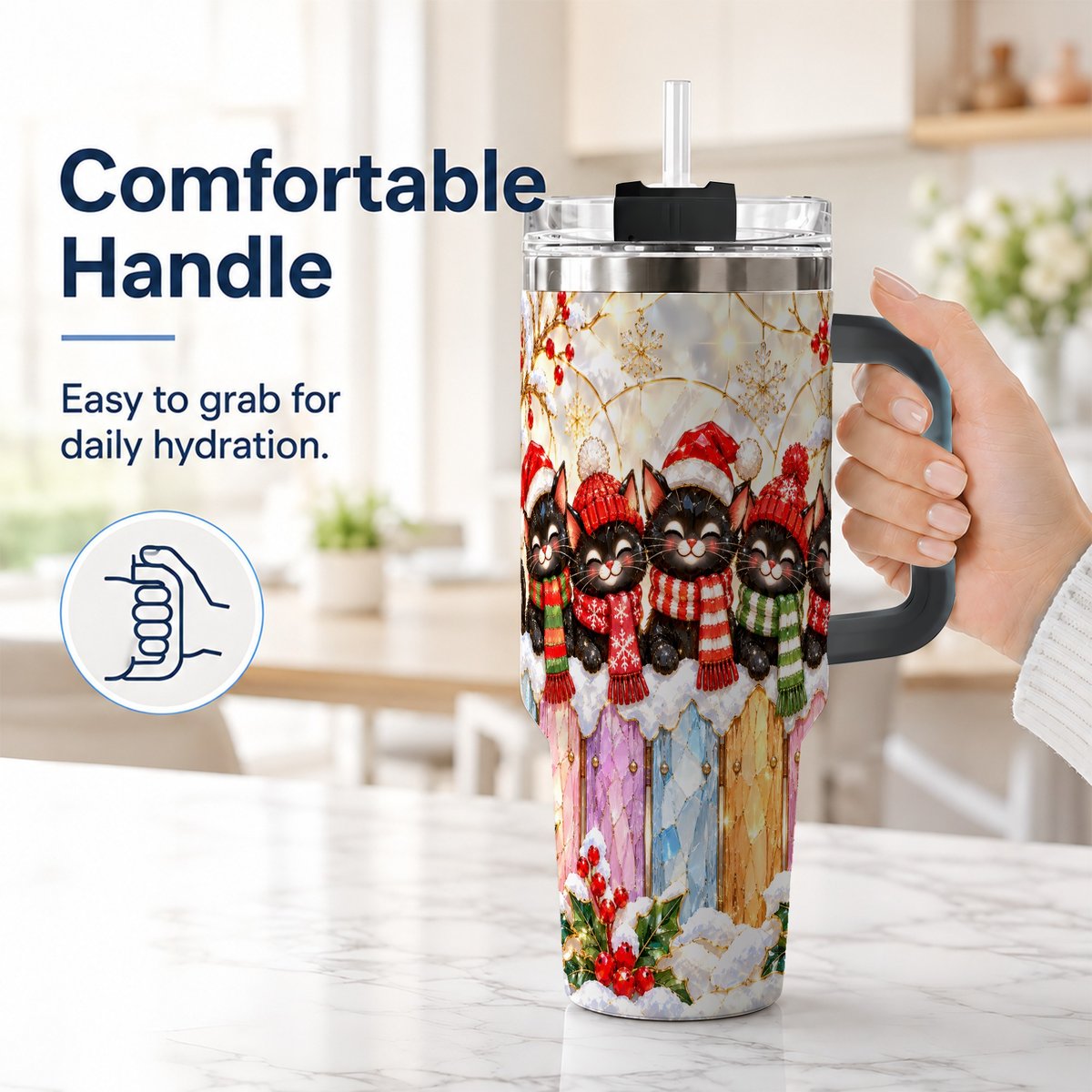 #pl[40oz|Black] Christmas Black Cats 40oz Tumbler with Handle, Festive Winter Kittens