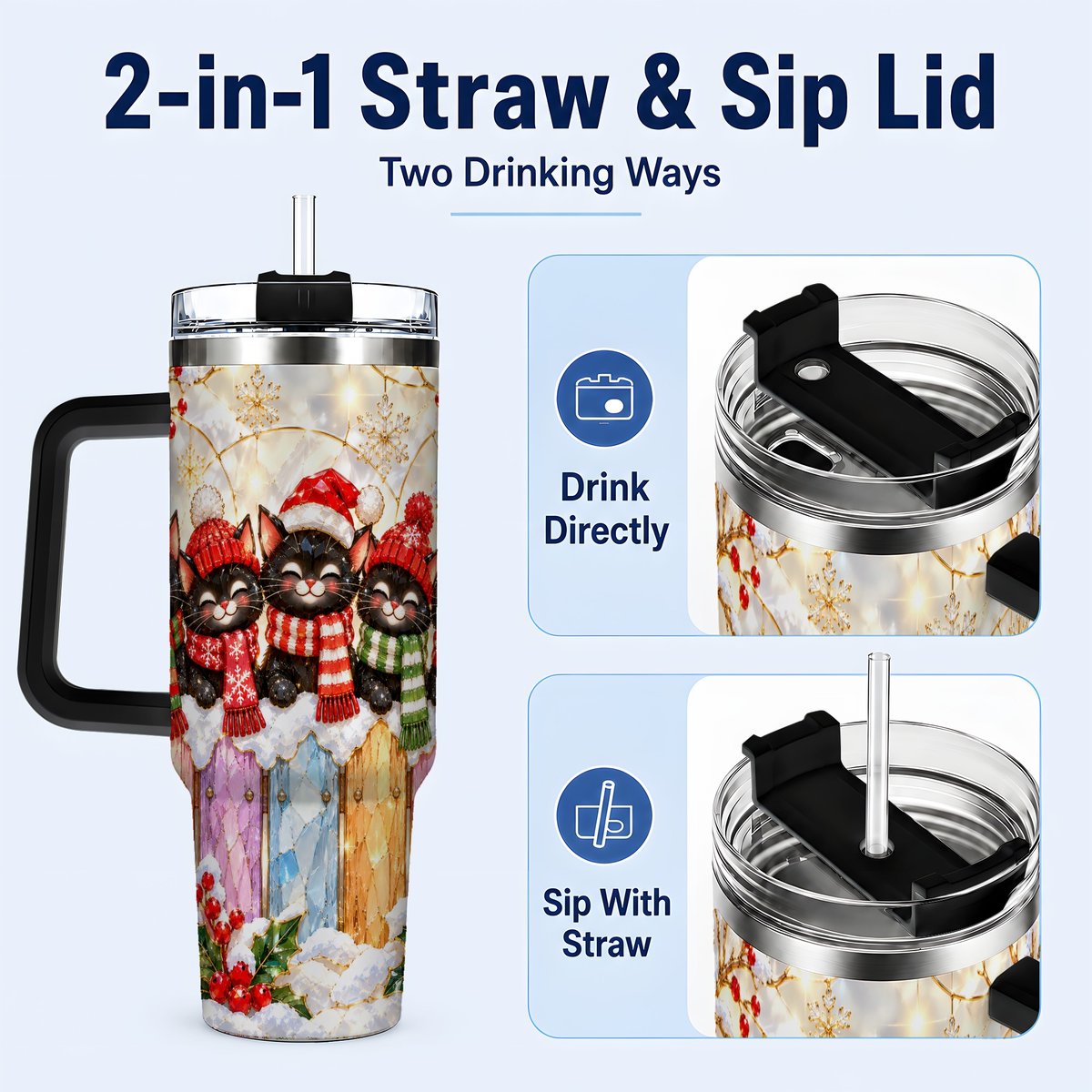 #pl[40oz|Black] Christmas Black Cats 40oz Tumbler with Handle, Festive Winter Kittens