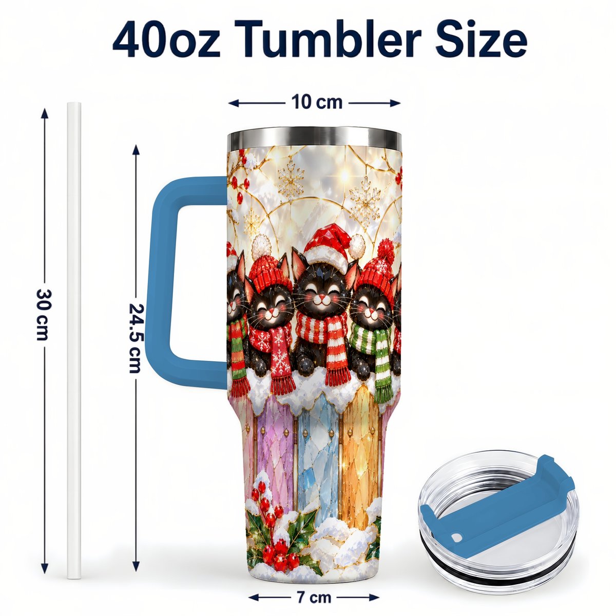 #pl[40oz|Blue] Christmas Black Cats 40oz Tumbler with Handle, Festive Winter Kittens
