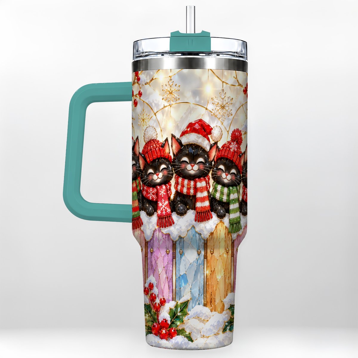 #pl[40oz|Green] Christmas Black Cats 40oz Tumbler with Handle, Festive Winter Kittens