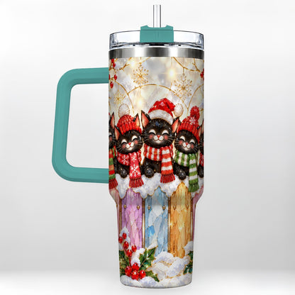 #pl[40oz|Green] Christmas Black Cats 40oz Tumbler with Handle, Festive Winter Kittens