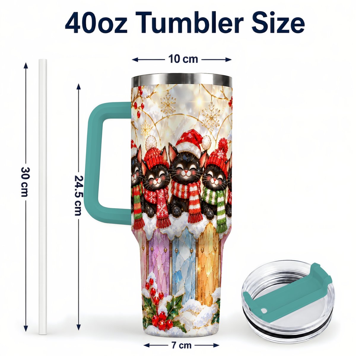 #pl[40oz|Green] Christmas Black Cats 40oz Tumbler with Handle, Festive Winter Kittens