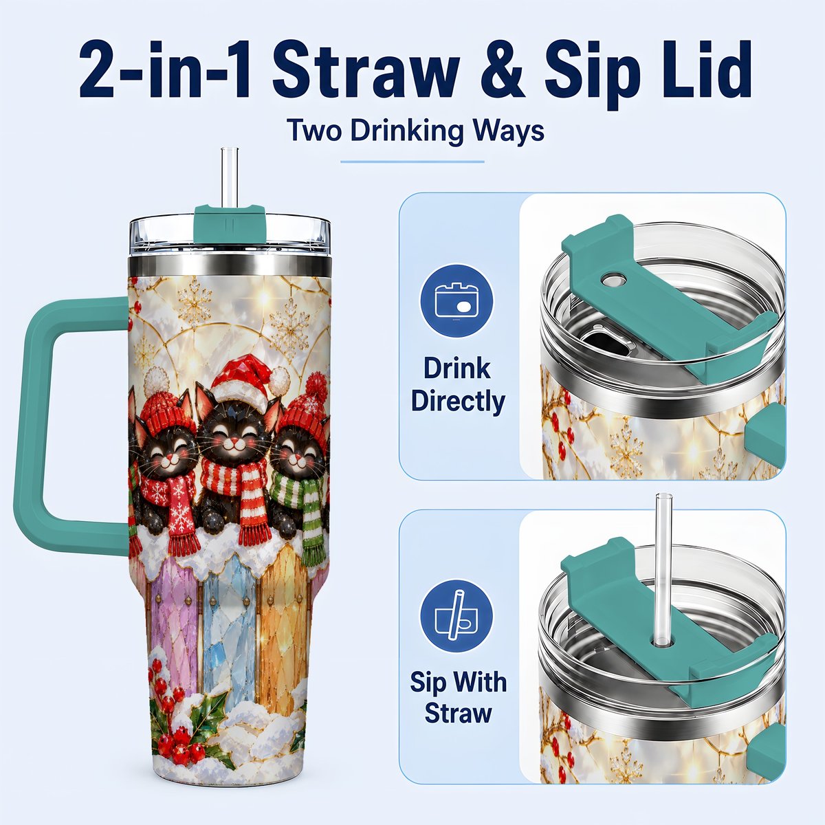 #pl[40oz|Green] Christmas Black Cats 40oz Tumbler with Handle, Festive Winter Kittens