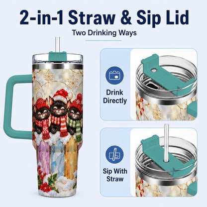 #pl[40oz|Green] Christmas Black Cats 40oz Tumbler with Handle, Festive Winter Kittens