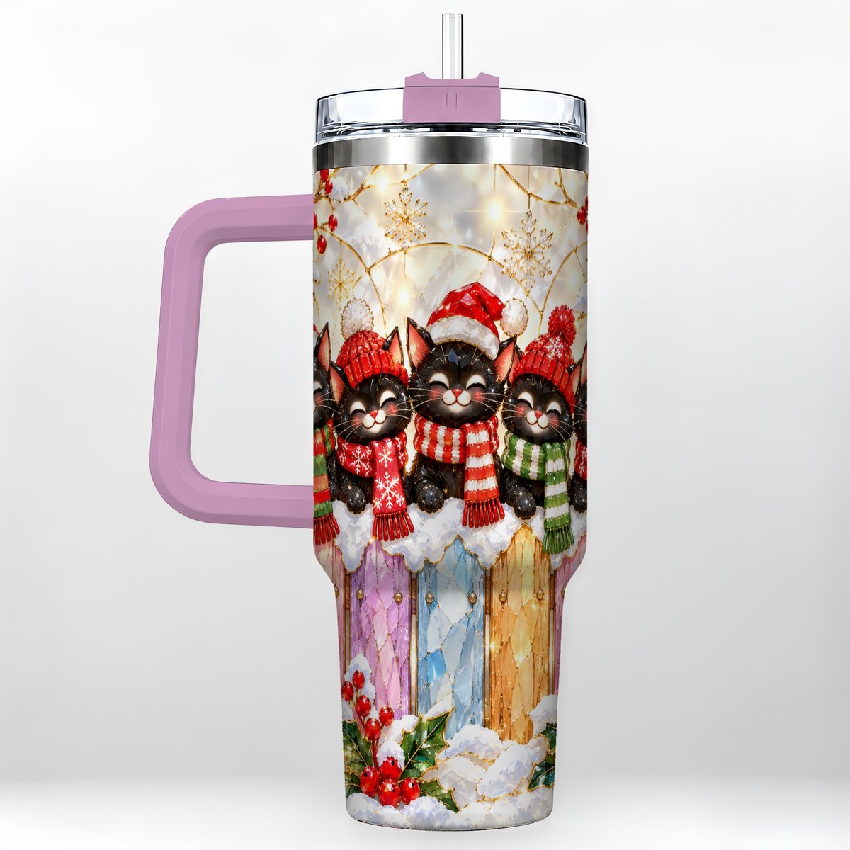 #pl[40oz|Pink] Christmas Black Cats 40oz Tumbler with Handle, Festive Winter Kittens