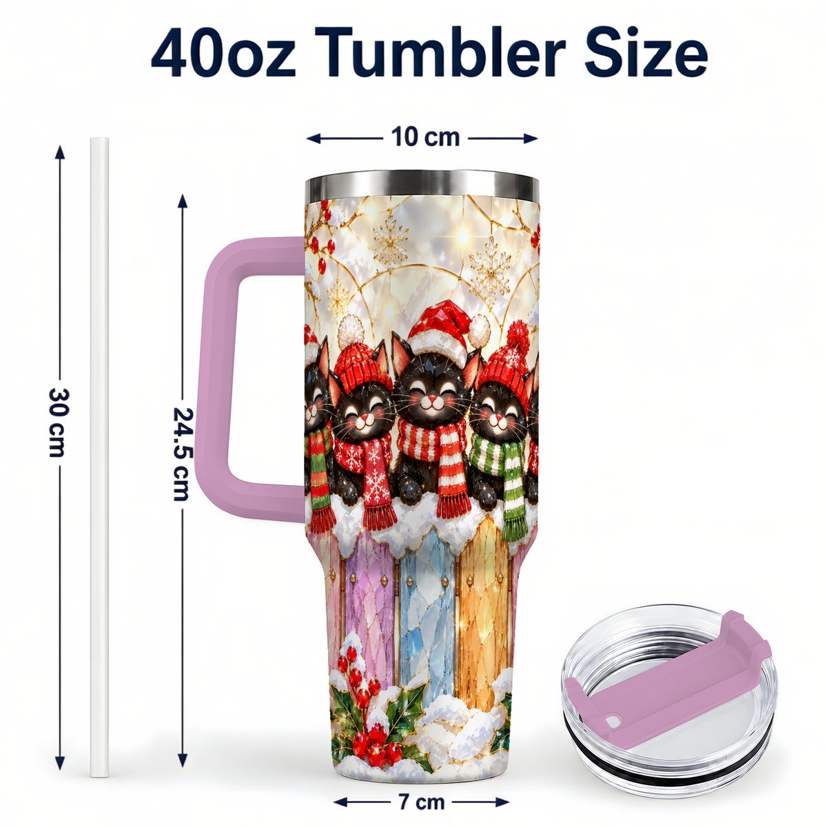 #pl[40oz|Pink] Christmas Black Cats 40oz Tumbler with Handle, Festive Winter Kittens
