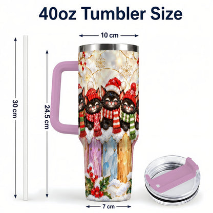 #pl[40oz|Pink] Christmas Black Cats 40oz Tumbler with Handle, Festive Winter Kittens
