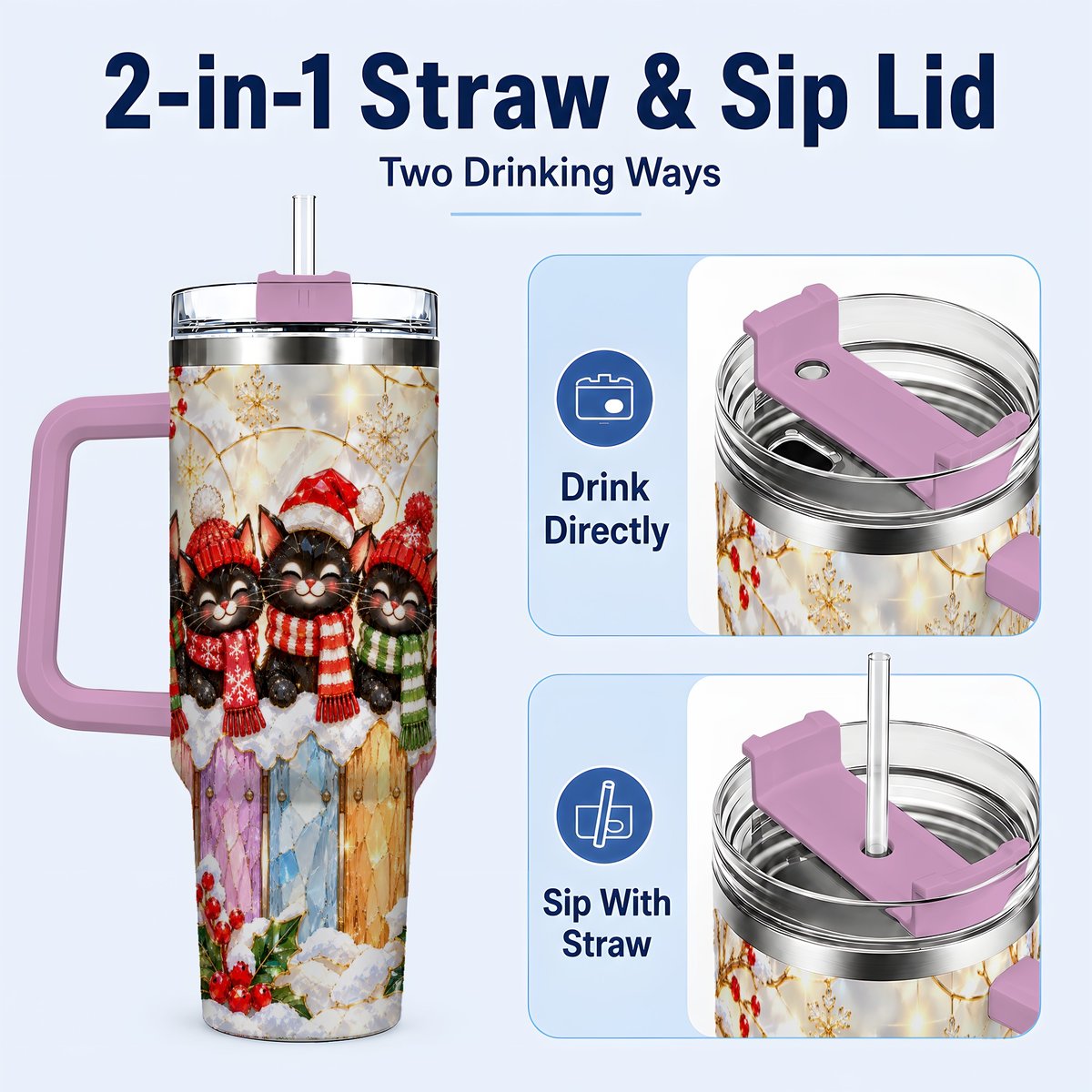 #pl[40oz|Pink] Christmas Black Cats 40oz Tumbler with Handle, Festive Winter Kittens