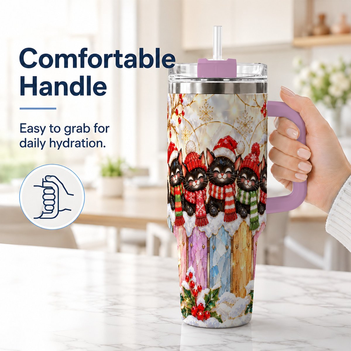#pl[40oz|Pink] Christmas Black Cats 40oz Tumbler with Handle, Festive Winter Kittens
