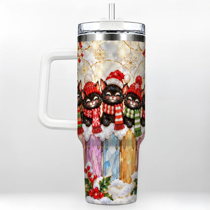 Christmas Black Cats 40oz Tumbler with Handle, Festive Winter Kittens