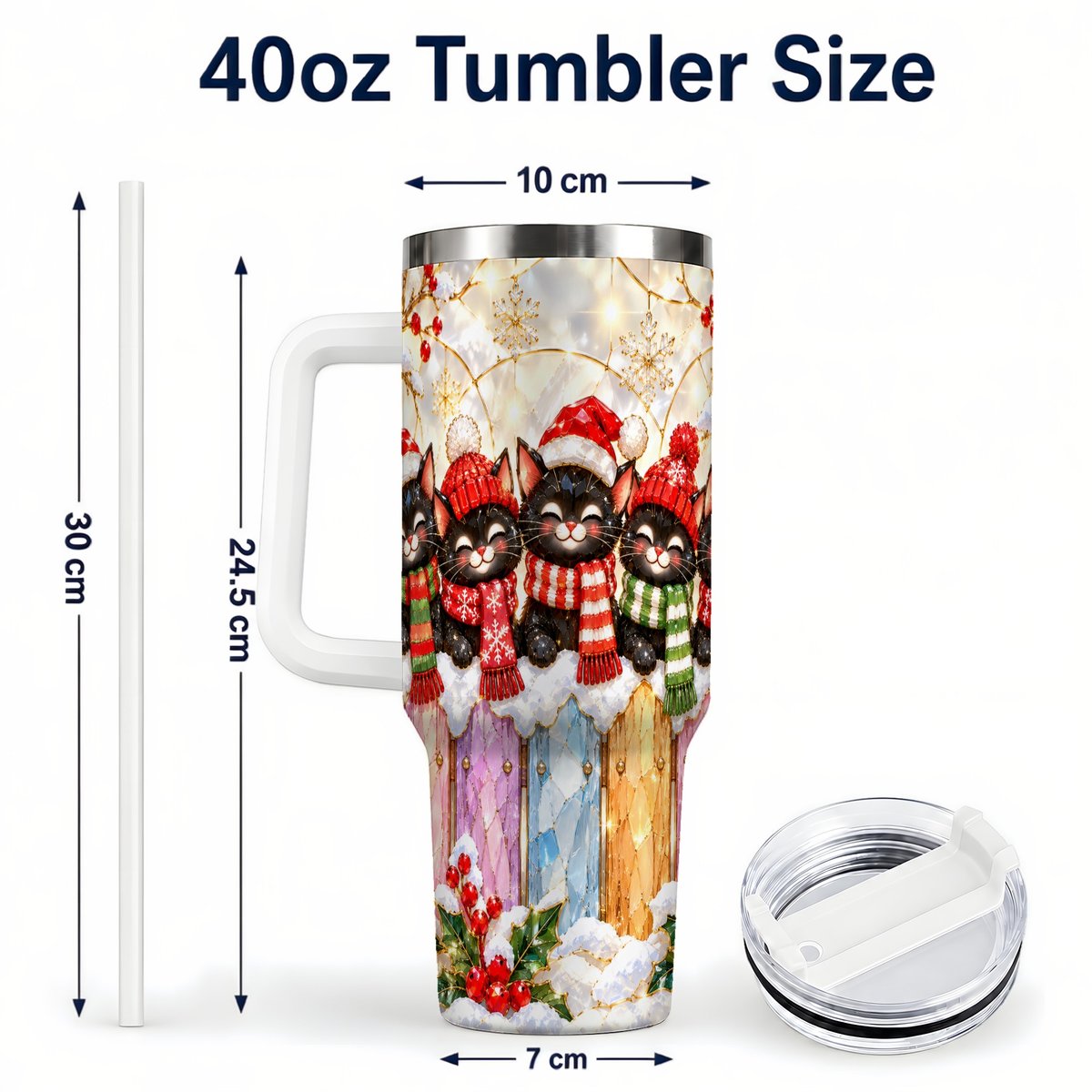#pl[40oz|White] Christmas Black Cats 40oz Tumbler with Handle, Festive Winter Kittens