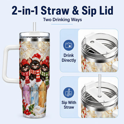 #pl[40oz|White] Christmas Black Cats 40oz Tumbler with Handle, Festive Winter Kittens