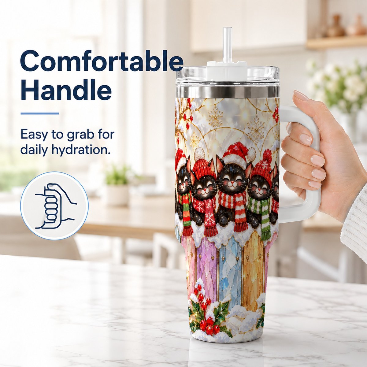 #pl[40oz|White] Christmas Black Cats 40oz Tumbler with Handle, Festive Winter Kittens