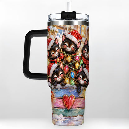 #pl[40oz|Black] Christmas Kittens 40oz Tumbler with Handle, Holiday String Lights