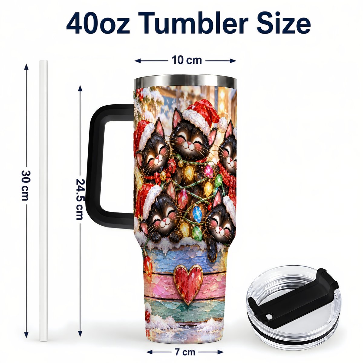 #pl[40oz|Black] Christmas Kittens 40oz Tumbler with Handle, Holiday String Lights