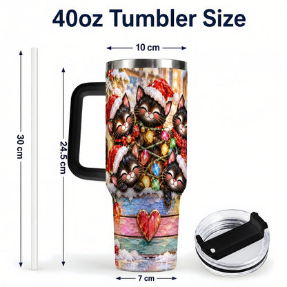 #pl[40oz|Black] Christmas Kittens 40oz Tumbler with Handle, Holiday String Lights