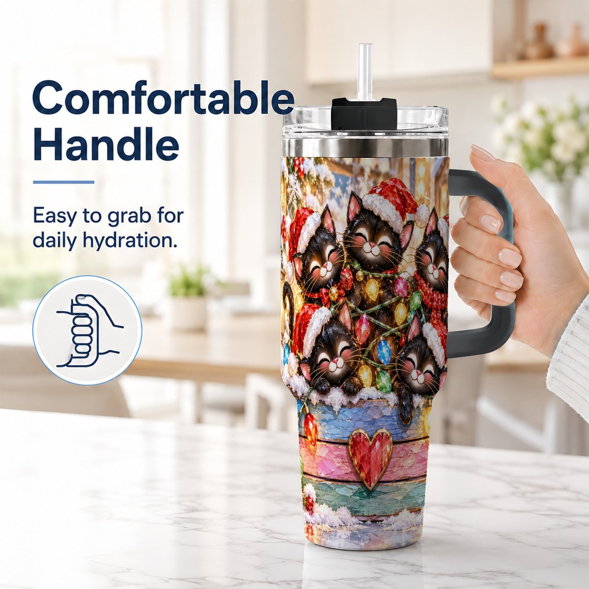 #pl[40oz|Black] Christmas Kittens 40oz Tumbler with Handle, Holiday String Lights
