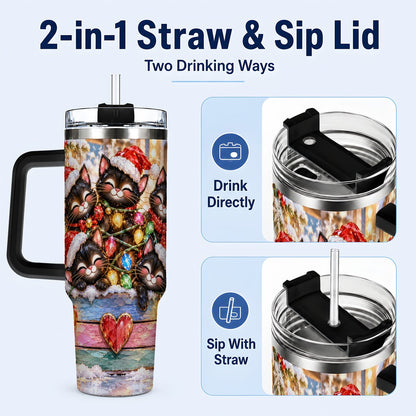 #pl[40oz|Black] Christmas Kittens 40oz Tumbler with Handle, Holiday String Lights