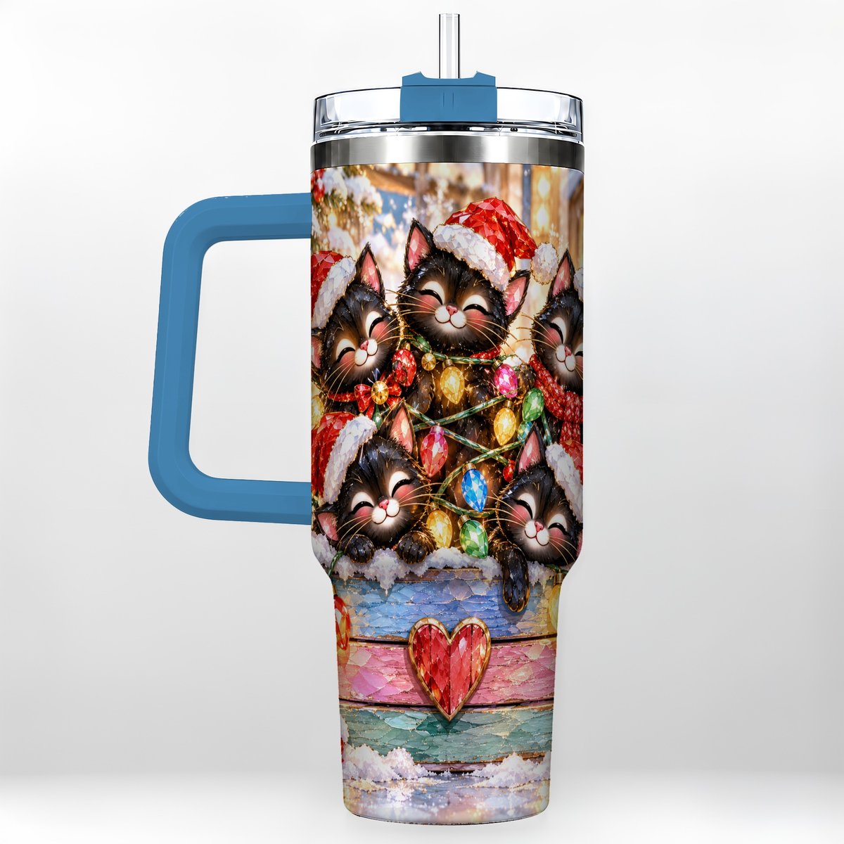 #pl[40oz|Blue] Christmas Kittens 40oz Tumbler with Handle, Holiday String Lights