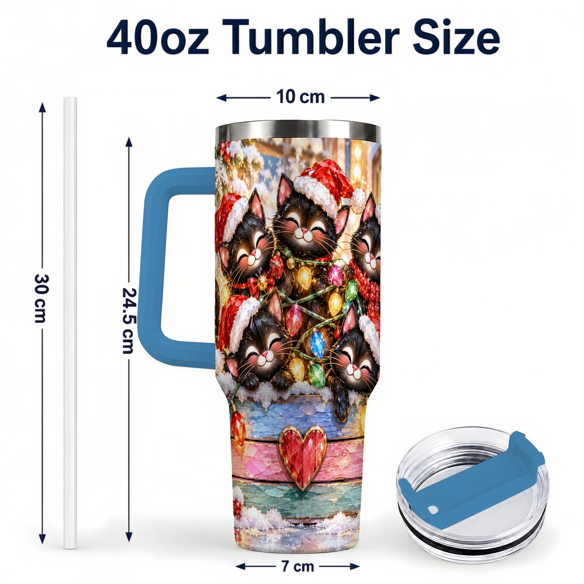 #pl[40oz|Blue] Christmas Kittens 40oz Tumbler with Handle, Holiday String Lights