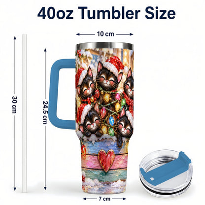 #pl[40oz|Blue] Christmas Kittens 40oz Tumbler with Handle, Holiday String Lights