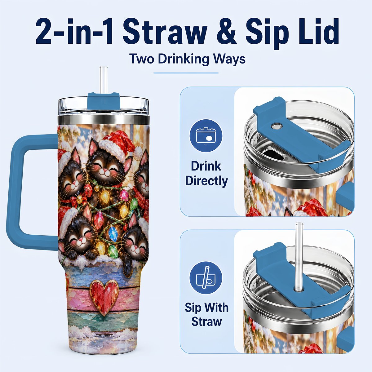 #pl[40oz|Blue] Christmas Kittens 40oz Tumbler with Handle, Holiday String Lights