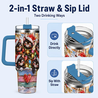 #pl[40oz|Blue] Christmas Kittens 40oz Tumbler with Handle, Holiday String Lights