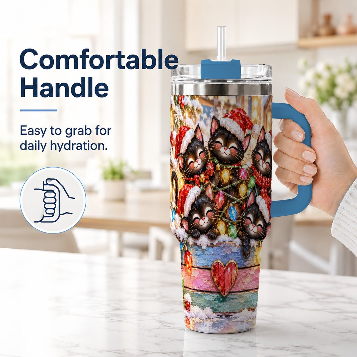 #pl[40oz|Blue] Christmas Kittens 40oz Tumbler with Handle, Holiday String Lights