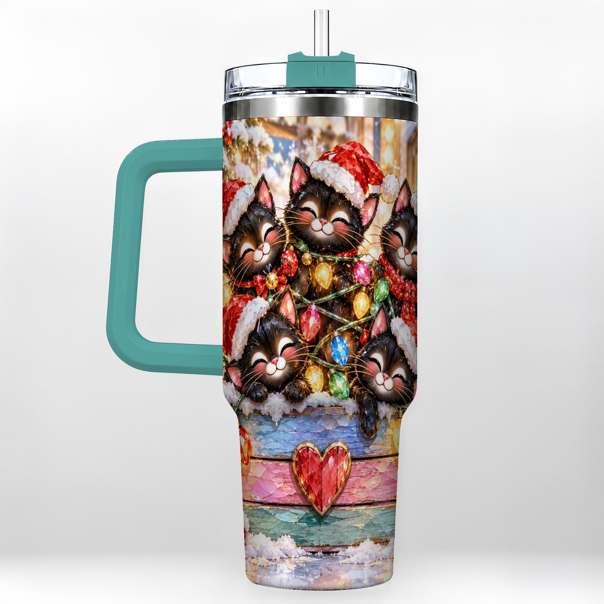 #pl[40oz|Green] Christmas Kittens 40oz Tumbler with Handle, Holiday String Lights