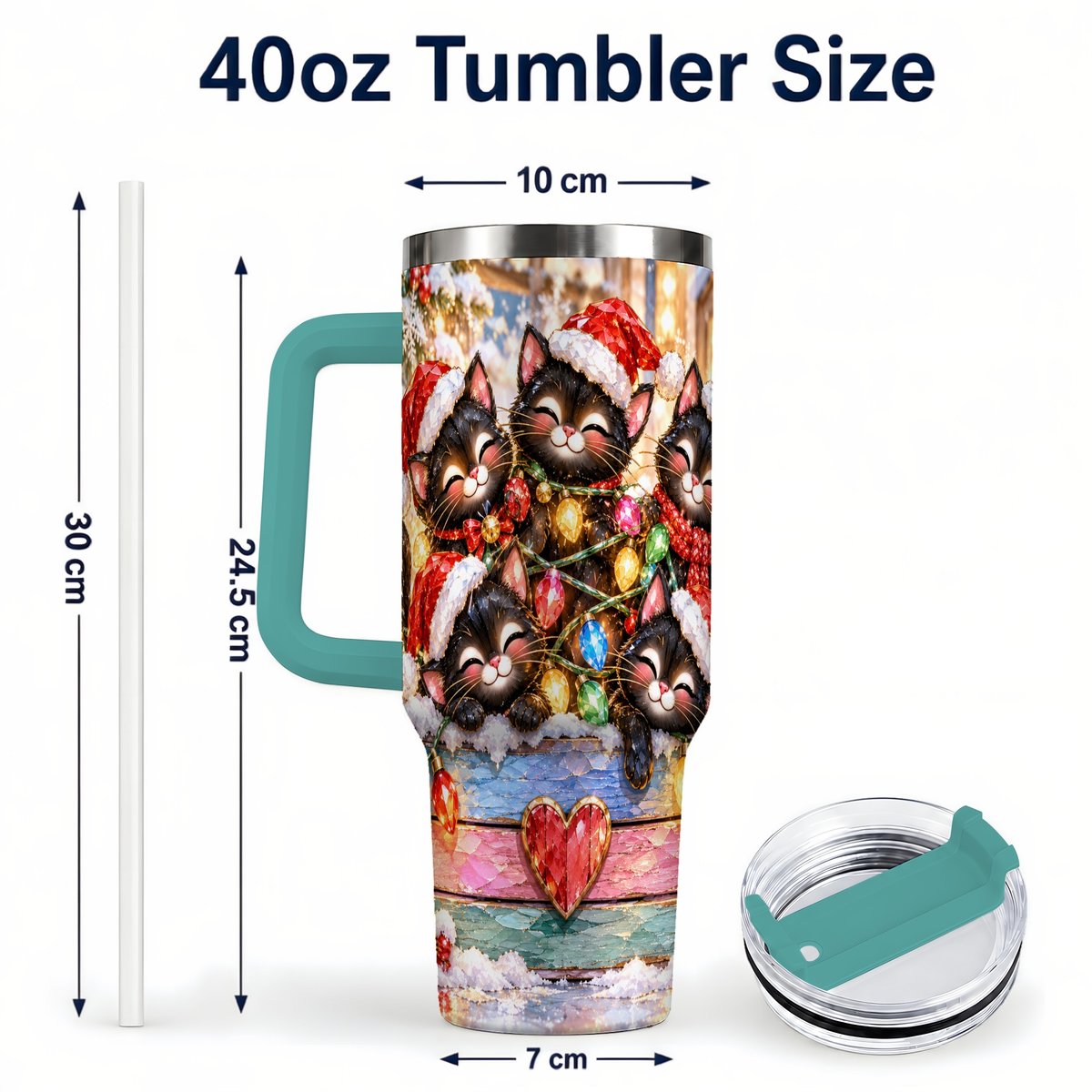 #pl[40oz|Green] Christmas Kittens 40oz Tumbler with Handle, Holiday String Lights