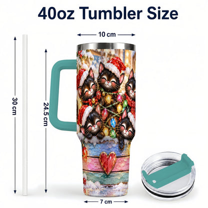 #pl[40oz|Green] Christmas Kittens 40oz Tumbler with Handle, Holiday String Lights