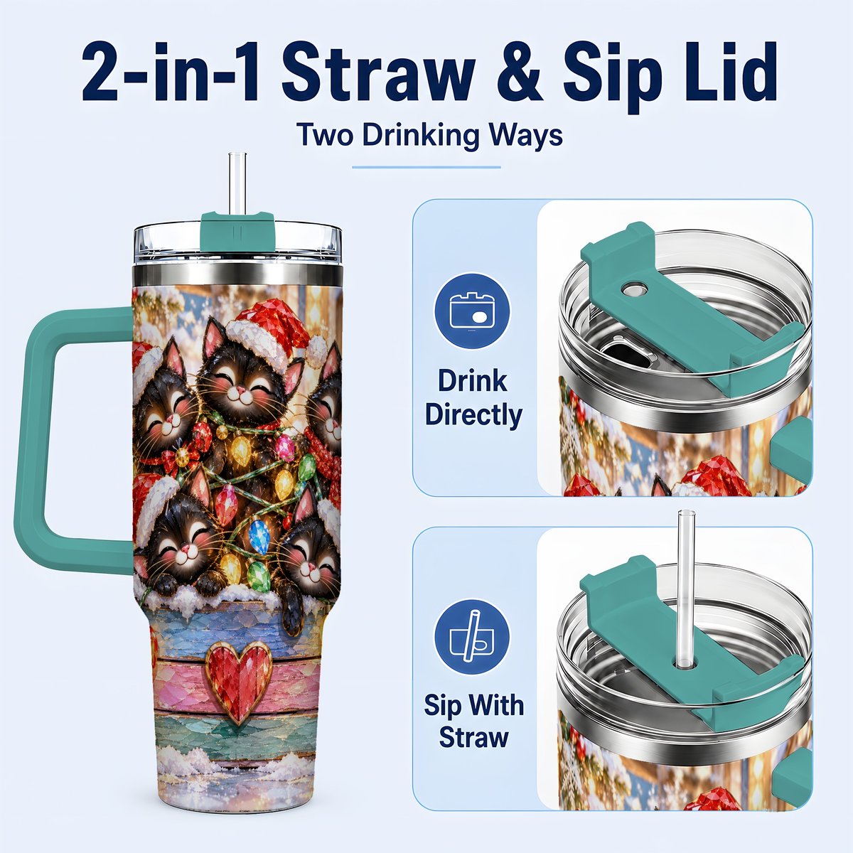 #pl[40oz|Green] Christmas Kittens 40oz Tumbler with Handle, Holiday String Lights