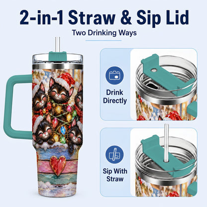 #pl[40oz|Green] Christmas Kittens 40oz Tumbler with Handle, Holiday String Lights