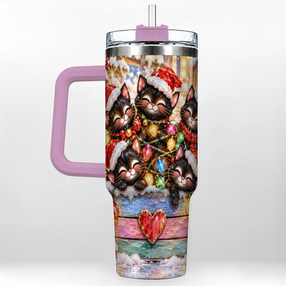 #pl[40oz|Pink] Christmas Kittens 40oz Tumbler with Handle, Holiday String Lights
