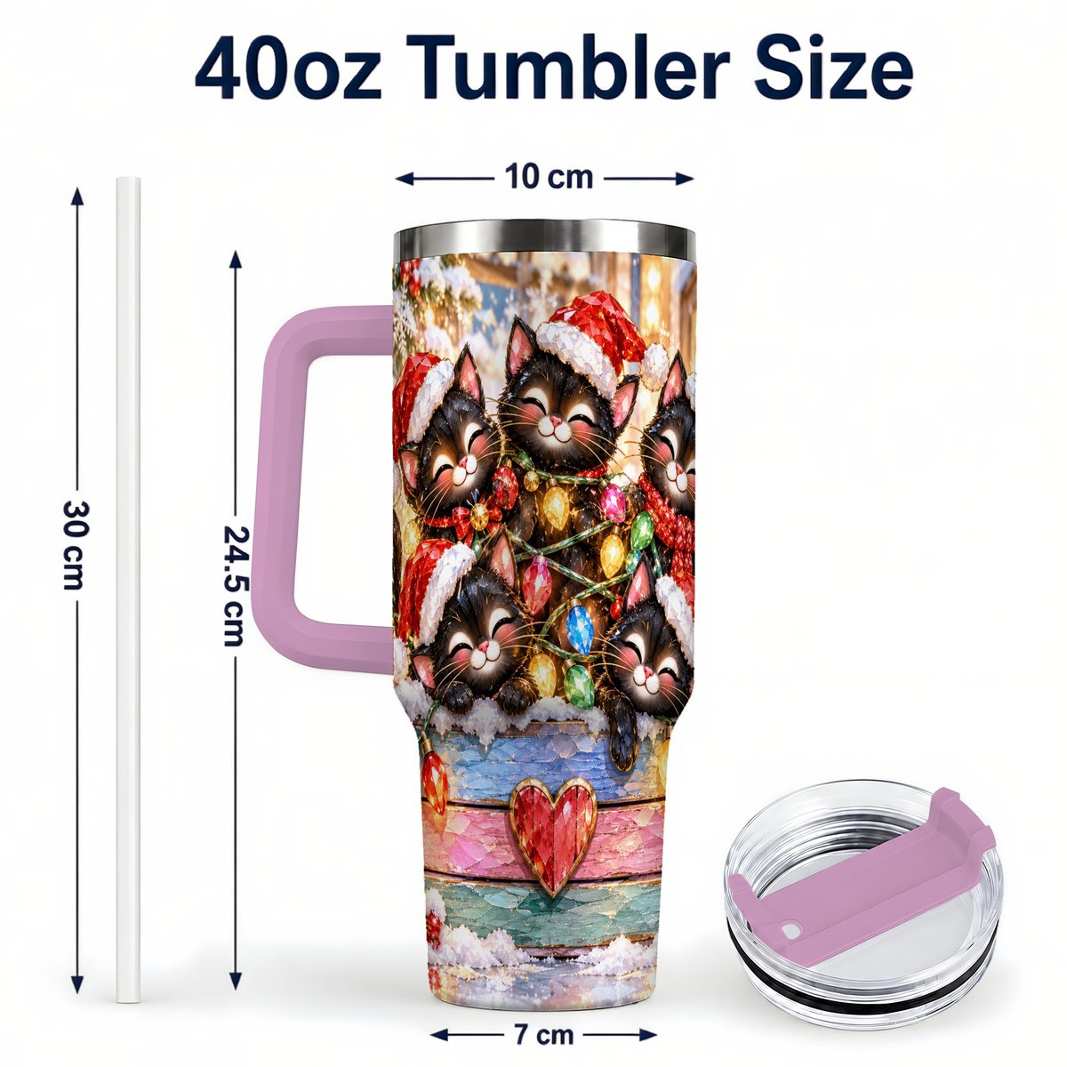 #pl[40oz|Pink] Christmas Kittens 40oz Tumbler with Handle, Holiday String Lights