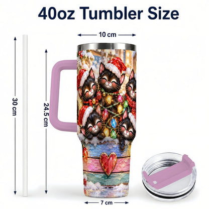 #pl[40oz|Pink] Christmas Kittens 40oz Tumbler with Handle, Holiday String Lights
