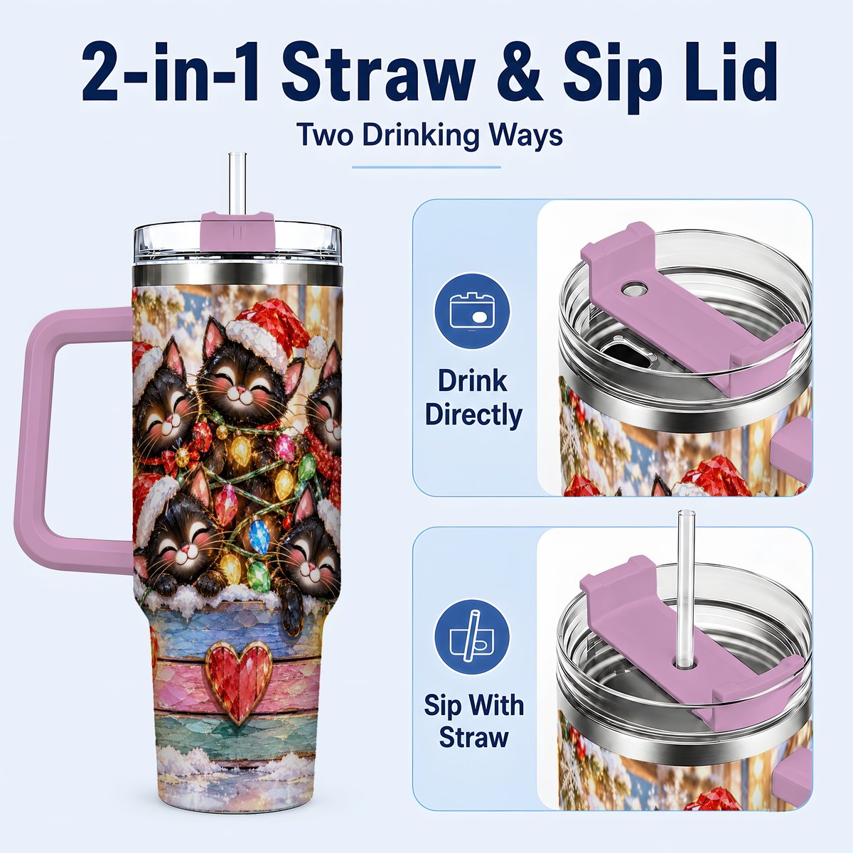#pl[40oz|Pink] Christmas Kittens 40oz Tumbler with Handle, Holiday String Lights