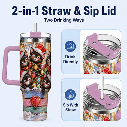 #pl[40oz|Pink] Christmas Kittens 40oz Tumbler with Handle, Holiday String Lights