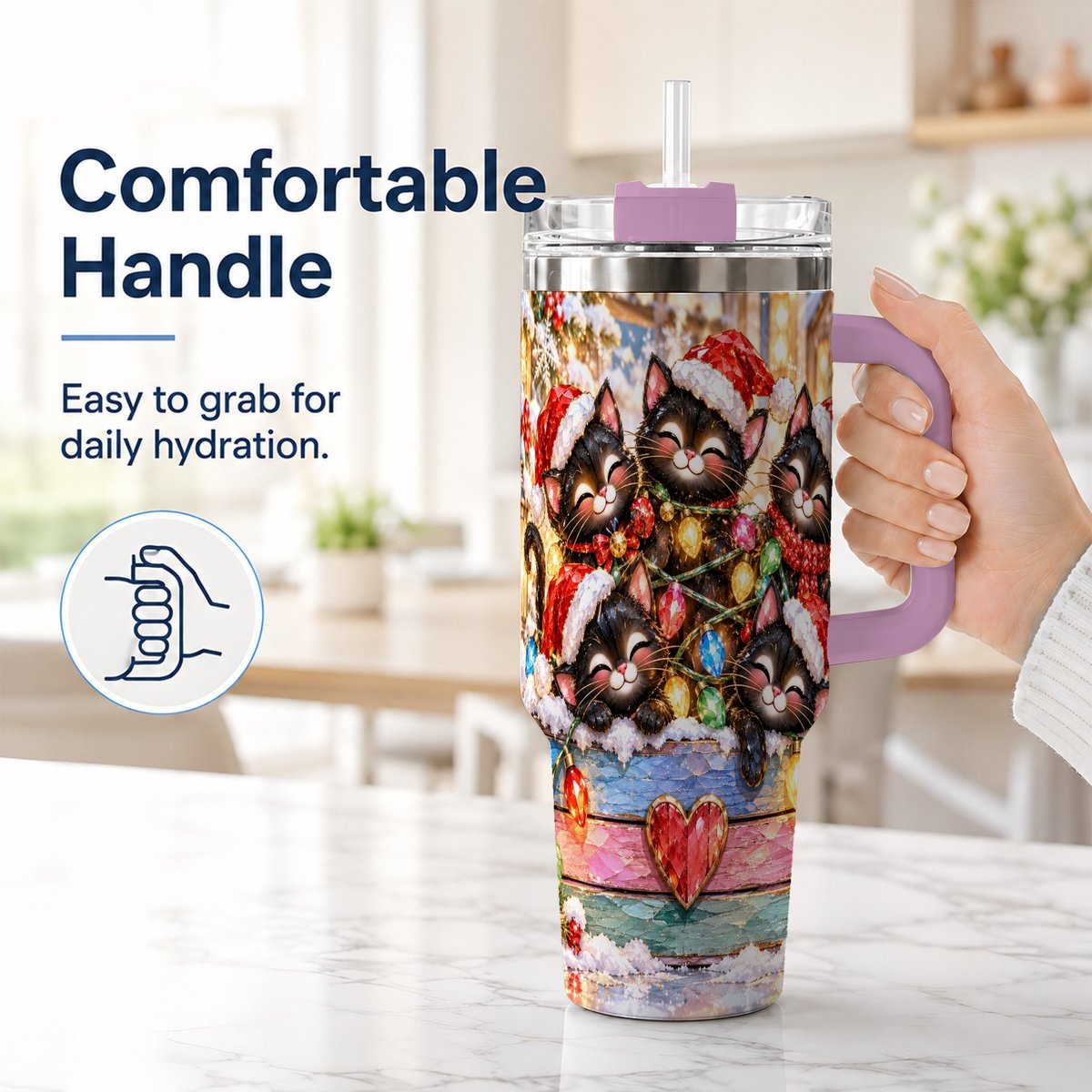 #pl[40oz|Pink] Christmas Kittens 40oz Tumbler with Handle, Holiday String Lights