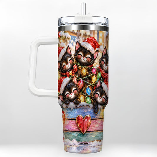 Christmas Kittens 40oz Tumbler with Handle, Holiday String Lights