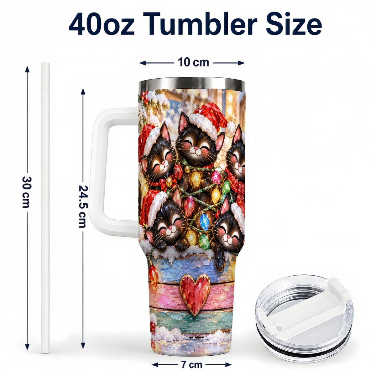 #pl[40oz|White] Christmas Kittens 40oz Tumbler with Handle, Holiday String Lights