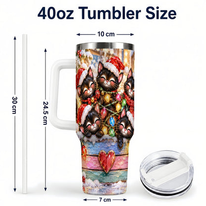 #pl[40oz|White] Christmas Kittens 40oz Tumbler with Handle, Holiday String Lights