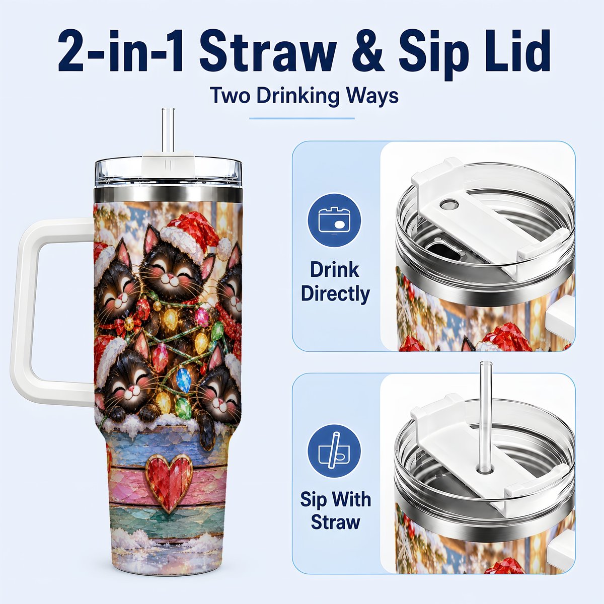 #pl[40oz|White] Christmas Kittens 40oz Tumbler with Handle, Holiday String Lights