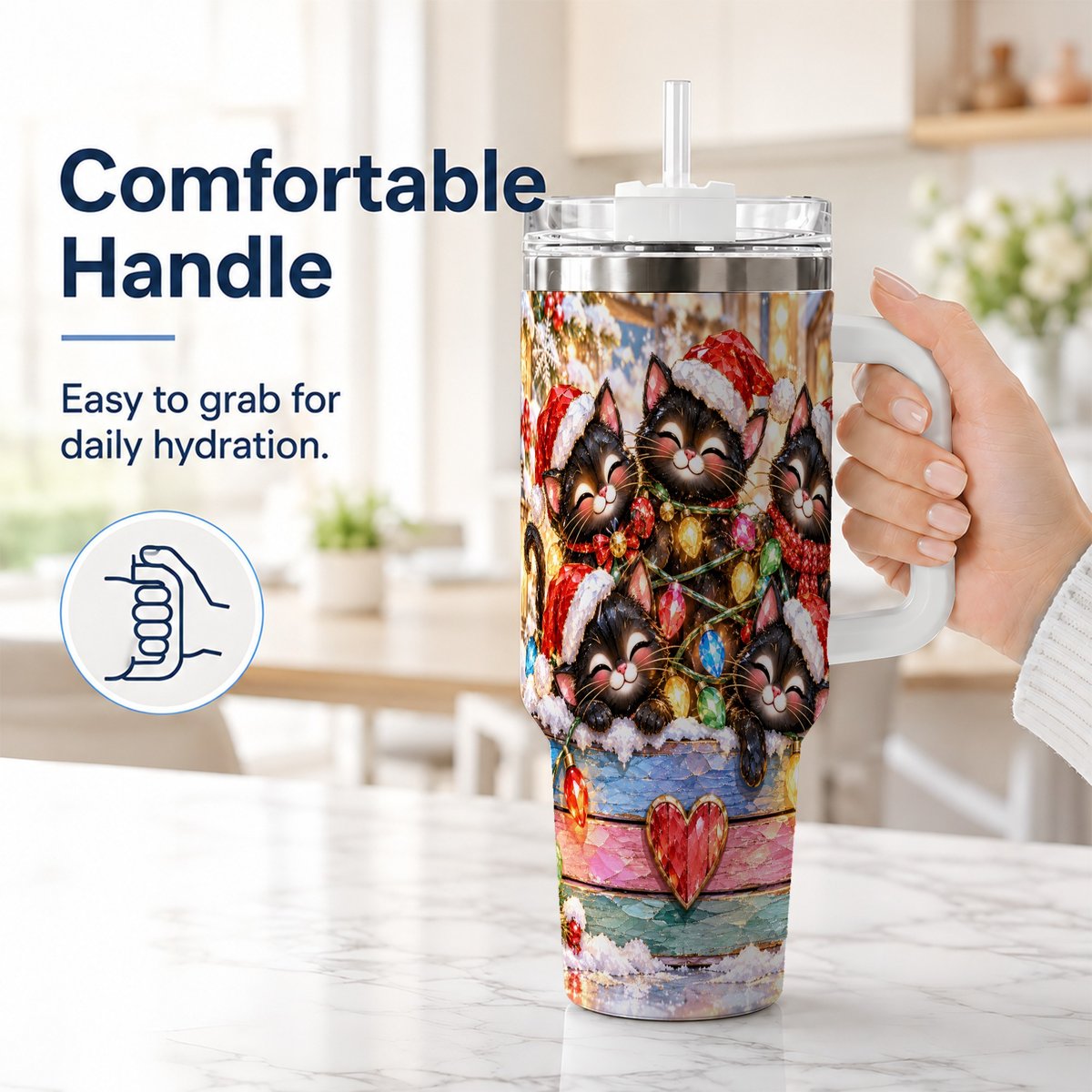 #pl[40oz|White] Christmas Kittens 40oz Tumbler with Handle, Holiday String Lights
