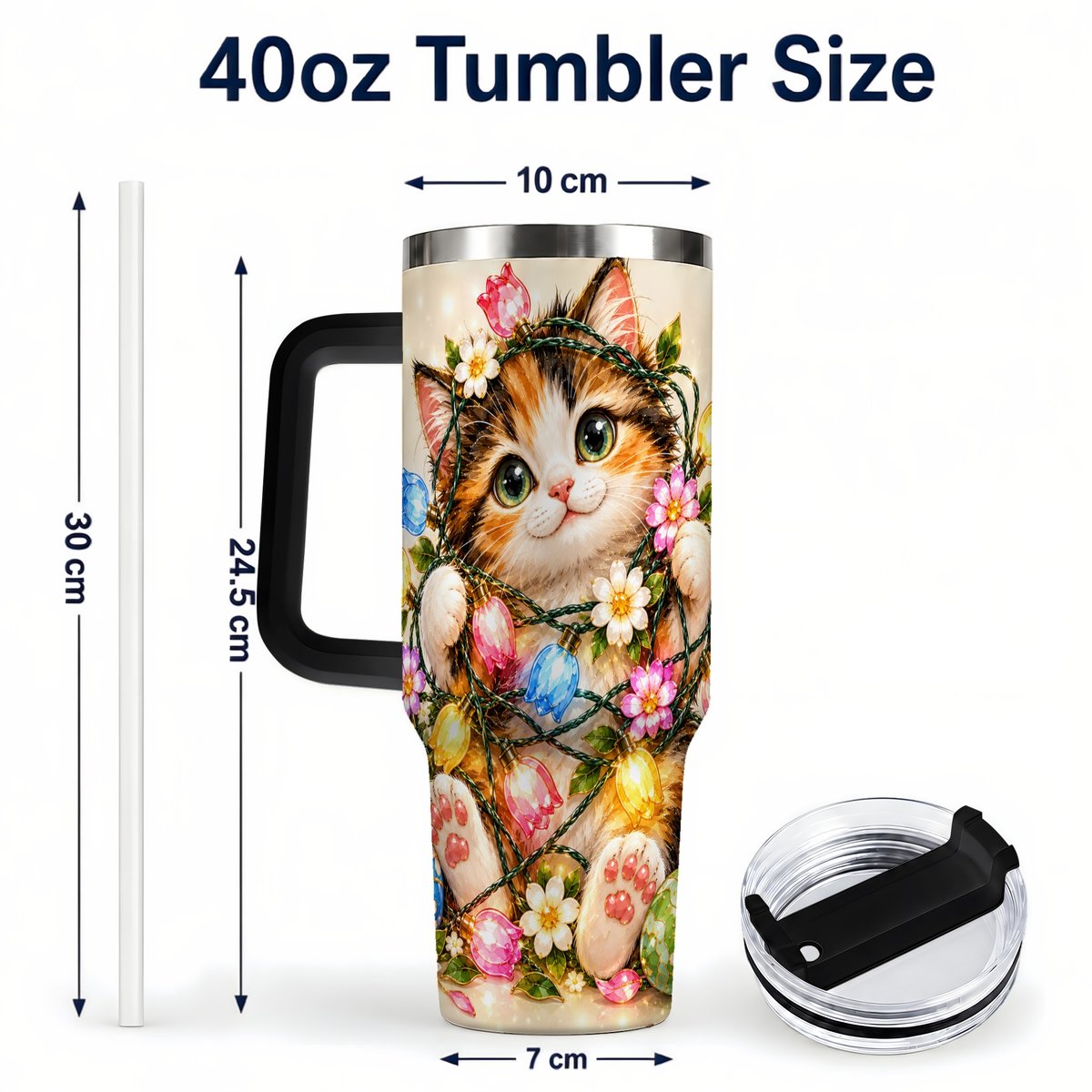 #pl[40oz|Black] Easter Calico Kitten 40oz Tumbler with Handle, Spring Floral Cats