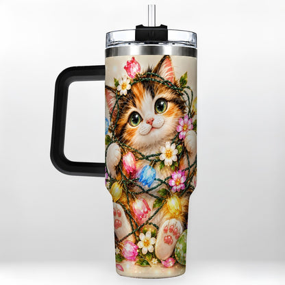 #pl[40oz|Black] Easter Calico Kitten 40oz Tumbler with Handle, Spring Floral Cats