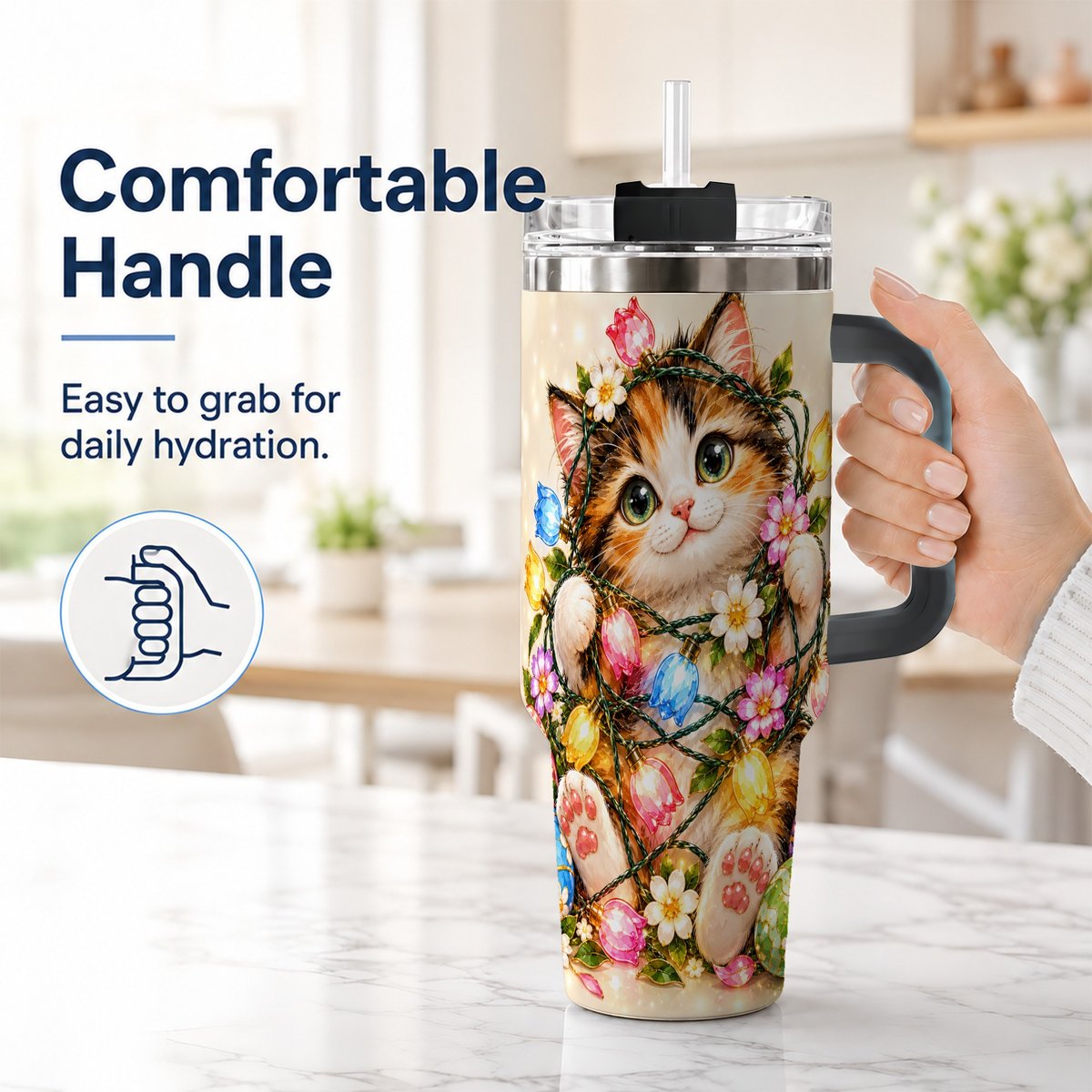 #pl[40oz|Black] Easter Calico Kitten 40oz Tumbler with Handle, Spring Floral Cats