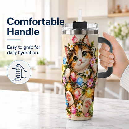 #pl[40oz|Black] Easter Calico Kitten 40oz Tumbler with Handle, Spring Floral Cats